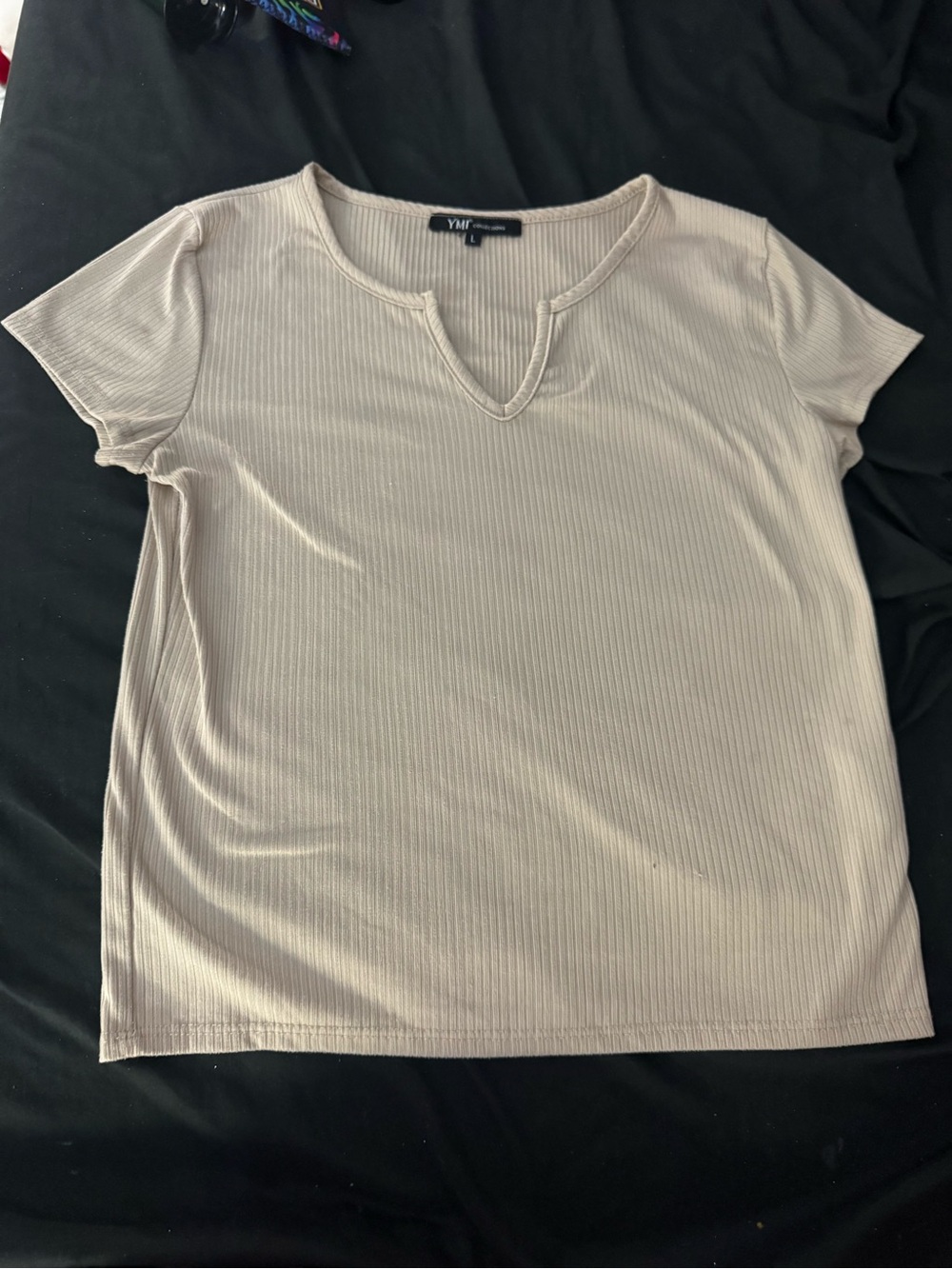 YMI Short Sleeve Ribbed Notch-Neck Tee - Taupe